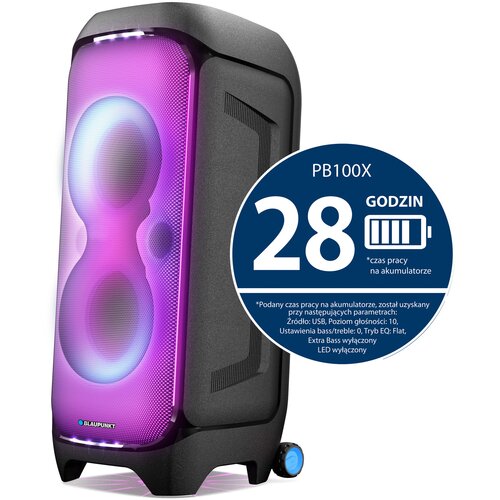 Power Audio BLAUPUNKT PB100X, 500W, Bluetooth, Bateria 28 godzin, Tuner FM, Tryb EXTREME BASS, USB C, Dedykowana aplikacja
