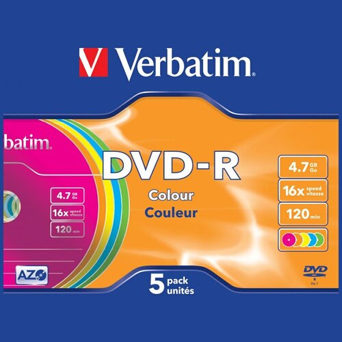 Opakowanie płyt DVD-R marki Verbatim, zawierające 5 kolorowych płyt o pojemności 4.7 GB i prędkości zapisu 16x, z czasem nagrywania do 120 minut. Na opakowaniu widoczne są napisy: "DVD-R", "Colour", "4.7 GB", "16x speed", "120 min", oraz logo Verbatim.