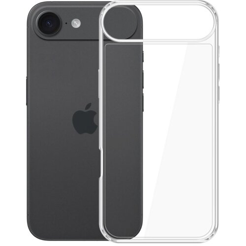 Przezroczyste etui na telefon jest umieszczone obok czarnego smartfona z widocznym logo w kształcie nadgryzionego jabłka. Etui ma wycięcia na aparat i przyciski, a jego krawędzie są lekko zaokrąglone.