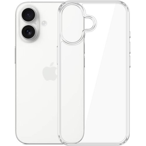 Przezroczyste etui na telefon z wycięciem na aparat, umieszczone obok białego telefonu z widocznym logo w kształcie nadgryzionego jabłka. Etui jest dopasowane do kształtu telefonu, z wyraźnie zaznaczonym miejscem na przyciski i aparat.