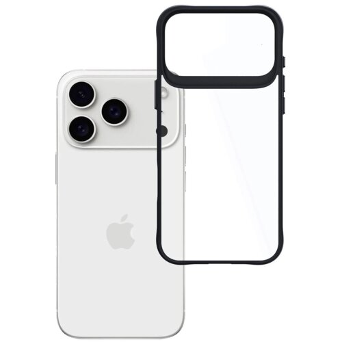 Na zdjęciu widoczny jest biały smartfon z trzema obiektywami aparatu oraz przezroczyste etui z czarną ramką, które jest przeznaczone do tego modelu telefonu. Na obudowie telefonu znajduje się logo w kształcie nadgryzionego jabłka.