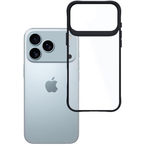 Na zdjęciu znajduje się przezroczysto-czarne etui 3MK Satin Armor Case+ do telefonu Apple iPhone 17 Pro Max, które jest umieszczone obok samego telefonu. Telefon ma srebrną obudowę z trzema widocznymi aparatami oraz logo w kształcie nadgryzionego jabłka.