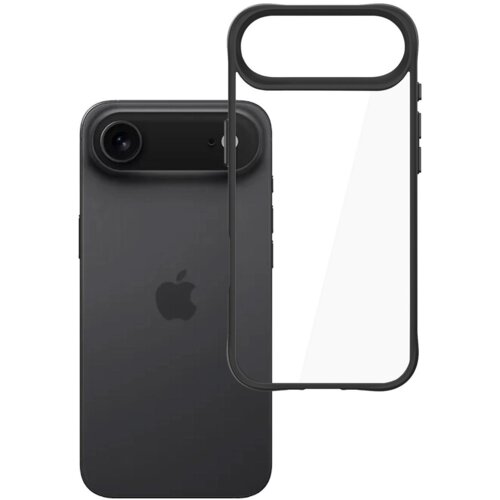 Czarny telefon z logo jabłka na tylnej obudowie oraz przezroczysto-czarna obudowa ochronna z wycięciem na aparat.