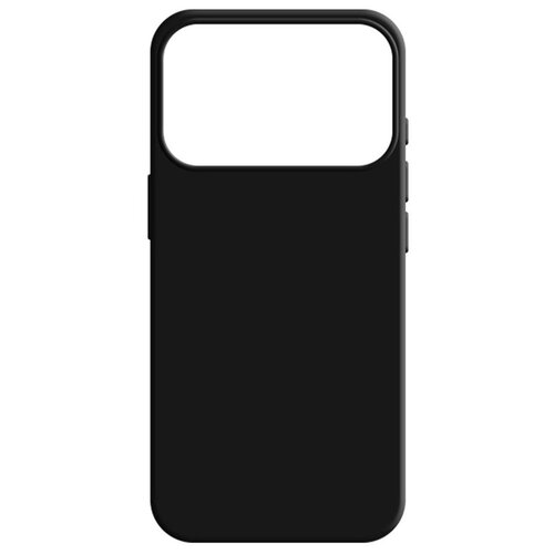 Czarne etui silikonowe z dużym wycięciem na aparat, przeznaczone do telefonu. Produkt ma gładką powierzchnię i widoczne przyciski boczne.