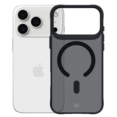 Na zdjęciu widoczne jest czarne etui 3MK Smoke MagCase z dużym okrągłym wzorem, obok białego telefonu z trzema aparatami. Na etui znajduje się logo "3mk".