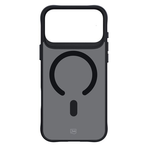 Czarne etui na telefon z dużym wycięciem na aparat, posiada szary panel z czarnym okręgiem i pionową kreską. Na dole widoczne jest logo "3mk".