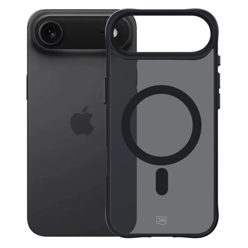 Na zdjęciu widoczne jest czarne etui na telefon z przezroczystym tyłem i okrągłym wzorem, obok którego znajduje się telefon z logo w kształcie jabłka. Na etui widnieje logo "3mk".