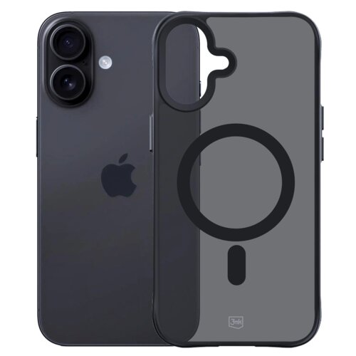 Na zdjęciu widoczne jest przezroczyste etui z ciemnym obramowaniem i okrągłym wzorem na środku, obok którego znajduje się smartfon z logo w kształcie nadgryzionego jabłka. Na etui widoczny jest napis "3mk".