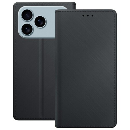 Czarne etui 3MK Wallet Case do Apple iPhone 17 Pro, widoczne z przodu i z tyłu, z trzema otworami na aparaty fotograficzne. Etui ma teksturowaną powierzchnię i precyzyjne przeszycia na krawędziach.
