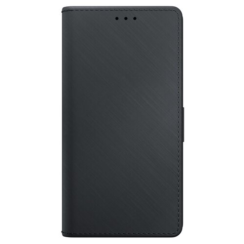 Czarne etui typu portfel do telefonu, z widocznymi trzema małymi otworami na górze. Powierzchnia etui ma delikatną, teksturowaną fakturę.