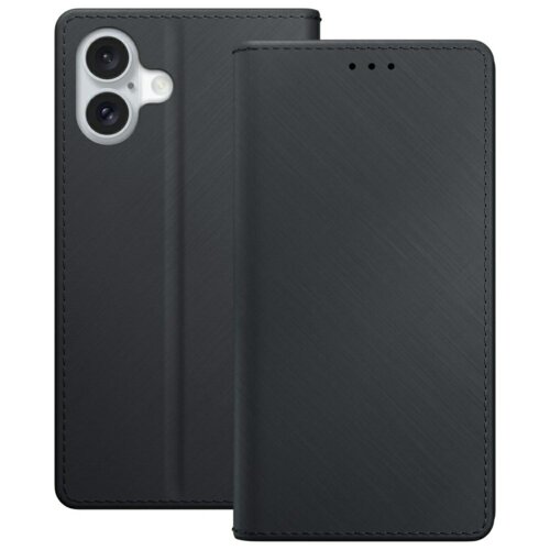 Czarne etui na telefon z klapką, z widocznymi dwoma otworami na aparat oraz trzema małymi otworami na górze klapki. Etui ma delikatną teksturę i starannie wykończone krawędzie.