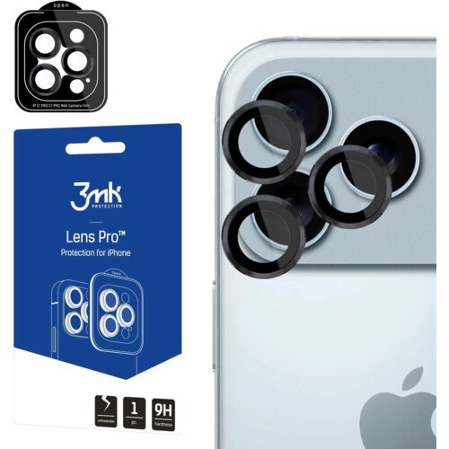 Opakowanie produktu 3mk Protection Lens Pro™ z grafiką przedstawiającą ochronę na obiektyw iPhone'a oraz fragment telefonu z trzema obiektywami, na które nałożone są czarne pierścienie ochronne. Na opakowaniu widnieje napis: "Lens Pro™ Protection for iPho