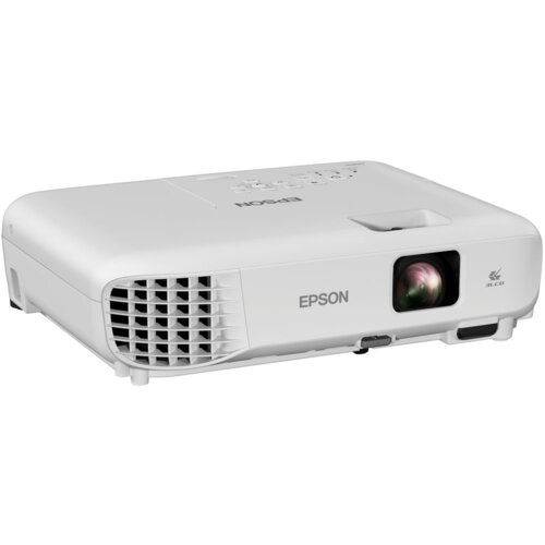 Biały projektor z widocznym logo "EPSON" na górnej powierzchni oraz obiektywem po jednej stronie. Na obudowie znajduje się również oznaczenie "3LCD".