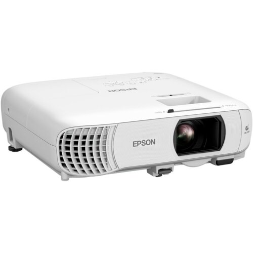 Biały projektor z widocznym obiektywem i otworami wentylacyjnymi, na obudowie znajduje się logo "EPSON". Na górnej części urządzenia widoczne są przyciski sterujące.