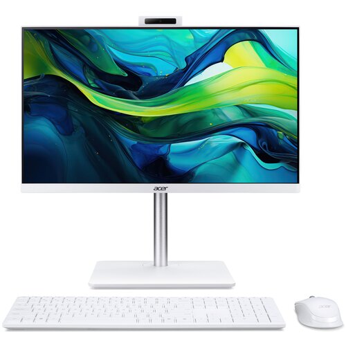 Na zdjęciu znajduje się komputer stacjonarny typu all-in-one z białą klawiaturą i myszką. Na dolnej ramce monitora widoczne jest logo "acer".