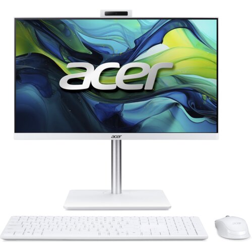 Na zdjęciu widoczny jest komputer stacjonarny typu all-in-one z logo "acer" na ekranie, umieszczony na białej podstawie, z białą klawiaturą i myszką. Ekran wyświetla abstrakcyjną grafikę w odcieniach zieleni, niebieskiego i żółtego.