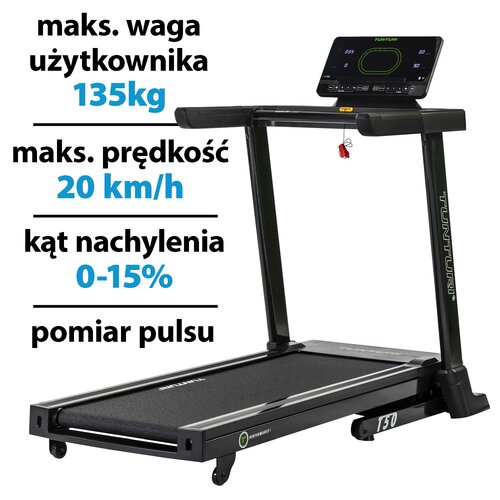 Na zdjęciu znajduje się bieżnia elektryczna z wyświetlaczem, na którym widnieje logo "TUNTURI". Obok bieżni umieszczono tekst: "maks. waga użytkownika 135kg, maks. prędkość 20 km/h, kąt nachylenia 0-15%, pomiar pulsu".