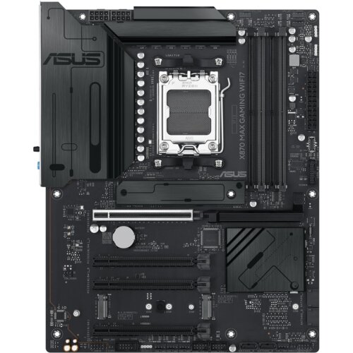 Czarna płyta główna z widocznymi złączami i komponentami, na której znajduje się napis "ASUS X870 Max Gaming WiFi7". Na płycie widoczne są różne złącza i gniazda, a także logo "ASUS".