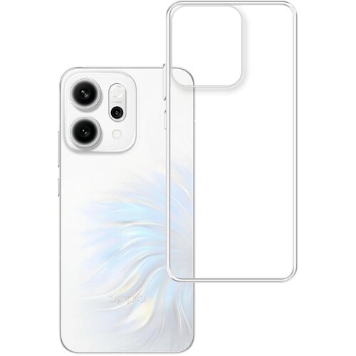 Przezroczyste etui na telefon z widocznymi wycięciami na aparat, obok którego znajduje się telefon z gradientowym wzorem w odcieniach bieli i błękitu oraz logo "Oppo" na dole. Etui jest dopasowane do modelu Oppo Reno 14.