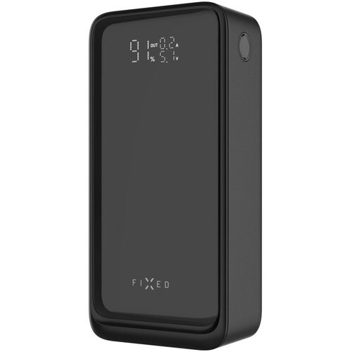 Czarny powerbank z wyświetlaczem pokazującym "91% OUT 0.2A 5.1V" oraz logo "FIXED" na dole. Produkt ma zaokrąglone krawędzie i widoczny przycisk na boku.