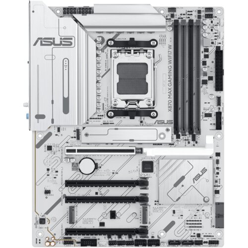 Biała płyta główna z widocznymi gniazdami na procesor, pamięć RAM oraz złącza PCIe, z napisem "X870 Max Gaming WiFi7" i logo "ASUS". Na powierzchni płyty znajdują się różne komponenty elektroniczne oraz oznaczenia techniczne.