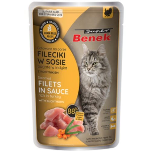 Karma dla kota SUPER BENEK Adult Fileciki Indyk z rokitnikiem w sosie 85 g