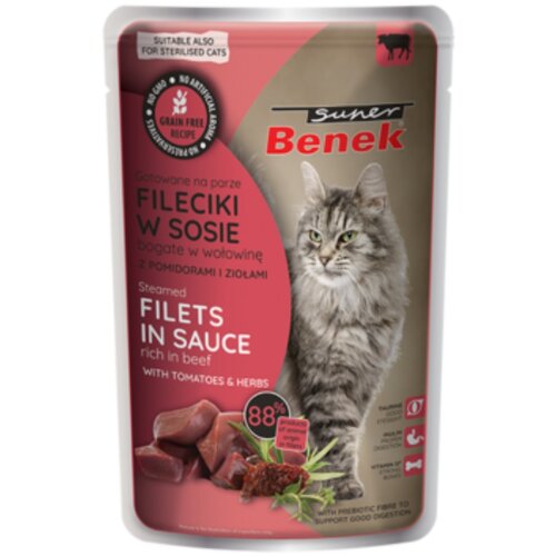 Karma dla kota SUPER BENEK Adult Fileciki Wołowina pomidory w sosie 85 g