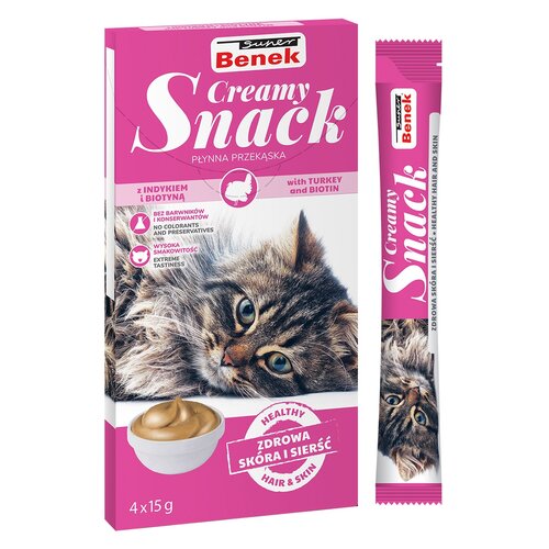 Przysmak dla kota SUPER BENEK Creamy Snack z indykiem i biotyną (4 x 15 g)