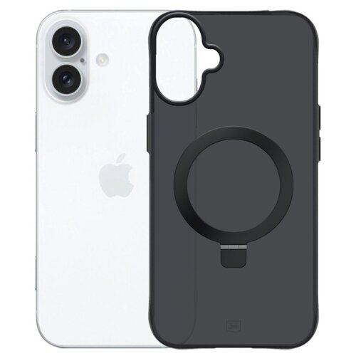 Na zdjęciu widoczne jest czarne etui z okrągłym uchwytem na tylnej części, przeznaczone do telefonu. W tle znajduje się biały telefon z logo w kształcie nadgryzionego jabłka.