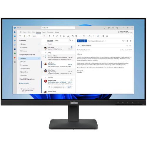 Monitor wyświetla interfejs programu pocztowego z listą wiadomości e-mail po lewej stronie i treścią wybranej wiadomości po prawej stronie. Na dolnej ramce monitora widoczne jest logo "ThinkVision".
