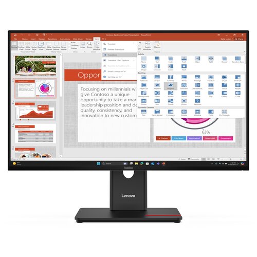 Monitor wyświetla prezentację w programie PowerPoint z widocznymi slajdami po lewej stronie oraz otwartym menu "Transitions" z różnymi opcjami animacji. Na obudowie monitora znajduje się logo "Lenovo".
