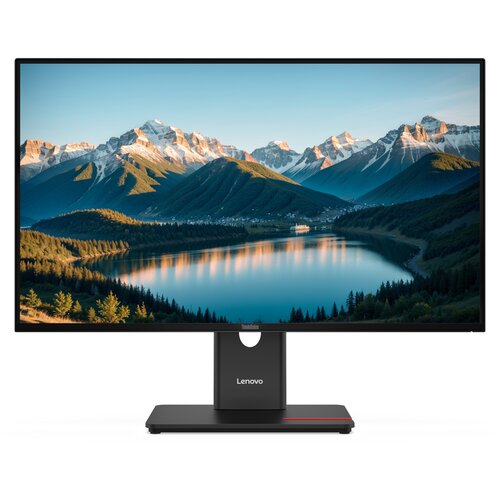 Monitor z cienkimi ramkami wyświetla obraz przedstawiający górski krajobraz z jeziorem, a na podstawie widoczne jest logo "Lenovo". Na ekranie widać ośnieżone szczyty gór, zalesione zbocza oraz odbicie krajobrazu w wodzie.