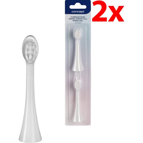 Oryginalna końcówka do szczoteczki CONCEPT Kids ZK0062 (2 szt.) (Delikatne czyszczenie) jest przedstawiona obok opakowania zawierającego dwie białe końcówki. Na opakowaniu widnieje napis: "concept Toothbrush Heads ZK6010, ZK6020 2 pcs Medium size ZK0062" 