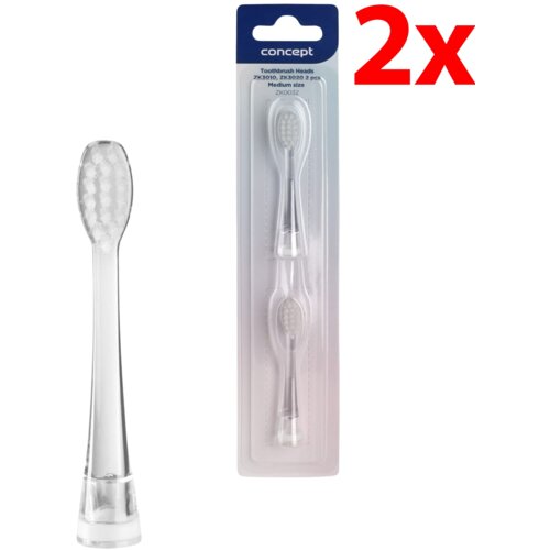 Opakowanie zawiera dwie wymienne końcówki do szczoteczki, umieszczone w przezroczystym blistrze. Na górze opakowania widnieje logo "concept" oraz napis "Toothbrush Heads ZK0030, ZK0032 2 pcs Medium size ZK0032", a obok opakowania znajduje się powiększona 
