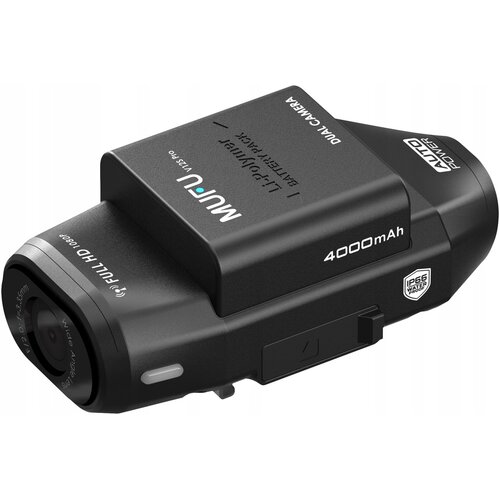 Czarny wideorejestrator motocyklowy z widocznymi napisami: "MUFU V12S Pro", "Li-Polymer Battery Pack", "4000mAh", "Dual Camera", "Full HD 1080P", "Auto Power" oraz oznaczeniem "IP66 Waterproof". Urządzenie ma kompaktowy kształt z obiektywem i kilkoma przy