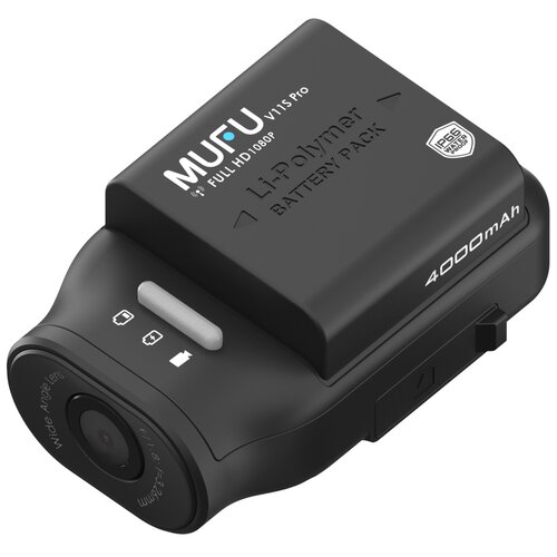 Czarny wideorejestrator motocyklowy z widocznym obiektywem i oznaczeniami: "MUFU V11S Pro FULL HD 1080P", "Li-polymer BATTERY PACK", "4000mAh" oraz symbolem "IP66 WATER RESISTANT". Na urządzeniu znajdują się także ikony baterii i kamery.