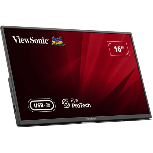 Monitor z logo "ViewSonic" i trzema kolorowymi ptakami na czerwonym tle, z oznaczeniem "16''", ikoną "USB-C" oraz napisem "Eye ProTech".