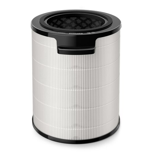 Cylindryczny filtr do oczyszczacza powietrza z białą, plisowaną powierzchnią i czarną górną krawędzią, na której widnieje napis "PHILIPS". W górnej części znajduje się uchwyt oraz widoczna siatka ochronna.