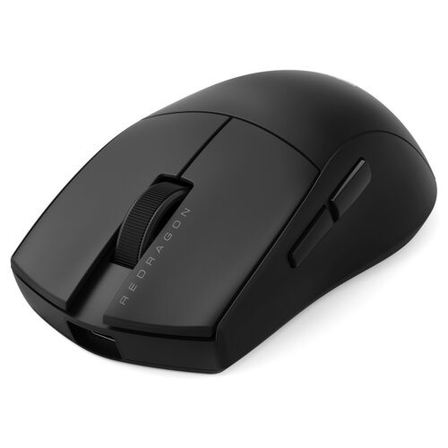 Czarna mysz komputerowa z napisem "REDRAGON" na przycisku, posiada rolkę przewijania oraz dwa dodatkowe przyciski boczne. Mysz ma nowoczesny, ergonomiczny kształt.
