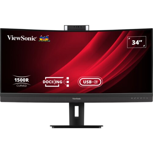 Monitor ViewSonic z zakrzywionym ekranem, na którym widoczne są napisy: "1500R Curved", "Docking", "USB-C" oraz "34”". Logo ViewSonic znajduje się w lewym górnym rogu ekranu.