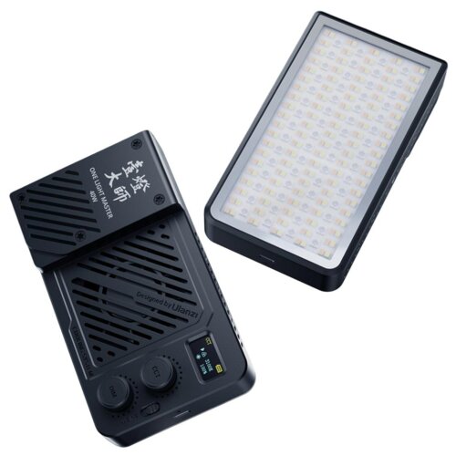 Dwa widoczne elementy to kompaktowa lampa LED z panelem świetlnym i częścią sterującą. Na części sterującej znajduje się napis "ONE LIGHT MASTER 100W" oraz "Designed by Ulanzi", a także dwa pokrętła i mały wyświetlacz.