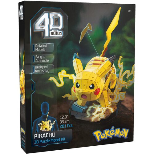 Pudełko przedstawia model 3D Pikachu z serii "4D Build", z napisem "Detailed Models", "Easy to Assemble", "Designed for Display". Na dole widnieje napis "PIKACHU 3D Puzzle Model Kit", a obok logo "Pokémon".
