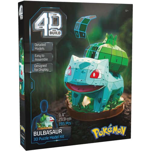 Pudełko przedstawia model 3D Bulbasaura z serii "4D Build", z napisem "Detailed Models", "Easy to Assemble", "Designed for Display". Na dole widnieje napis "Bulbasaur 3D Puzzle Model Kit" oraz logo "Pokémon".