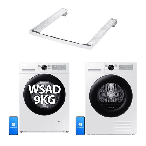 Pralka SAMSUNG WW90CGC04DAH AI Energy EcoBubble 9kg 1400 obr + Suszarka SAMSUNG DV5000D DV90DG52A0AH z pompą ciepła Optimal Dry + Łącznik SAMSUNG SKK-5EW