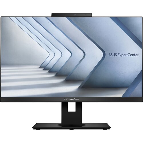 Monitor komputera wyświetla grafikę z niebieskimi, geometrycznymi kształtami i napisem "ASUS ExpertCenter". Na dolnej ramce monitora widoczne jest logo "ASUS ExpertCenter".