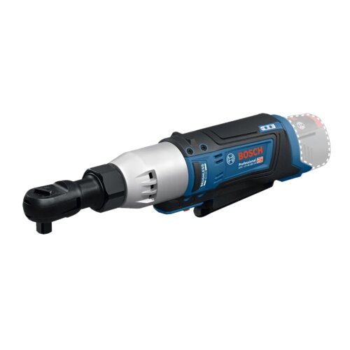 Na zdjęciu znajduje się klucz akumulatorowy grzechotka w kolorze niebiesko-czarnym z widocznym logo "BOSCH Professional" oraz oznaczeniem "GRC 12V-60". Produkt ma kompaktowy kształt z metalową głowicą i ergonomicznym uchwytem.