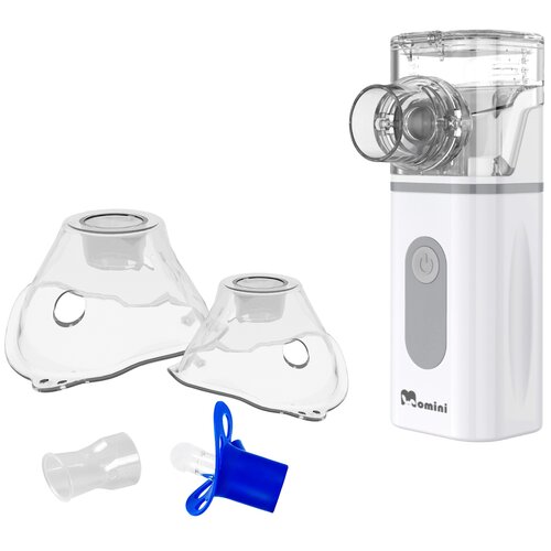 Obraz przedstawia inhalator nebulizator z przezroczystymi maskami i niebieskim ustnikiem. Na urządzeniu widoczny jest przycisk zasilania oraz logo "Momini".