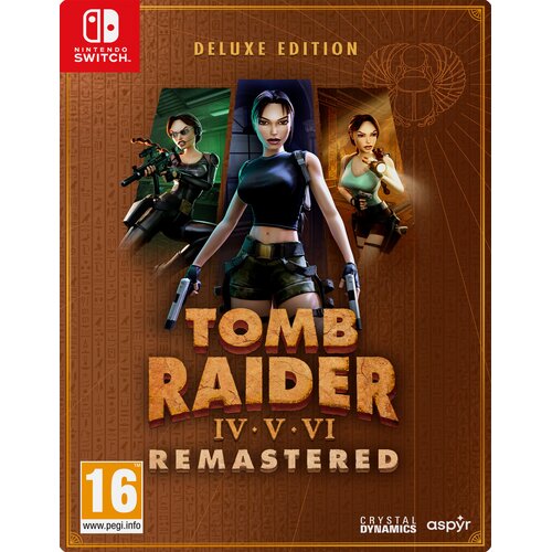 Okładka gry "Tomb Raider IV-VI Remastered Starring Lara Croft Deluxe Edition" na konsolę Nintendo Switch, z centralnie umieszczoną postacią w trzech różnych pozach. Widoczne są logotypy Crystal Dynamics i Aspyr oraz oznaczenie wiekowe 16+ z informacją o s