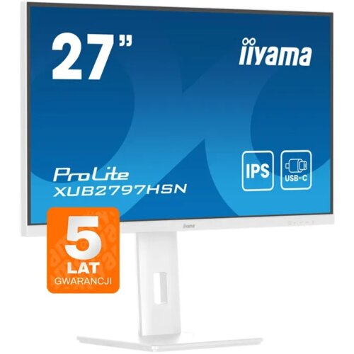 Monitor o przekątnej 27 cali z białą ramką, na ekranie widoczne są napisy: "iiyama", "ProLite XUB2797HSN", "IPS", "USB-C". W dolnym rogu znajduje się pomarańczowa naklejka z napisem "5 LAT GWARANCJI".