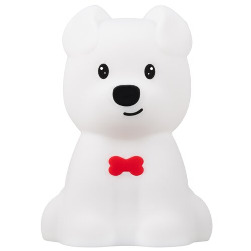 Biała lampka nocna w kształcie psa z czarnymi oczami i nosem oraz czerwonym elementem w kształcie kości na szyi. Produkt ma gładką powierzchnię i prosty, uroczy design.